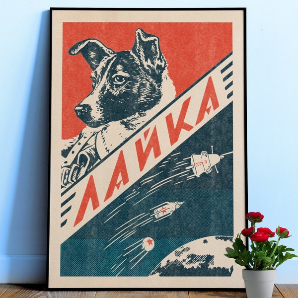 Laika, first space dog, USSR, 1958 — Soviet vintage space art poster